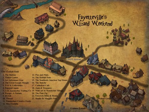 Map of Fayetteville's Wizard Weekend, featuring locations like Town Hall, Court House, and various attractions and eateries.