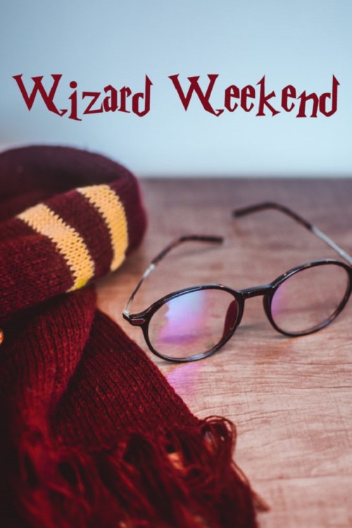 A pair of round glasses rests on a maroon and gold scarf, with the text "Wizard Weekend" above.