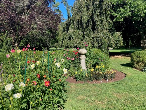 A vibrant garden with colorful flowers and a stone pedestal surrounded by lush greenery under a clear blue sky.