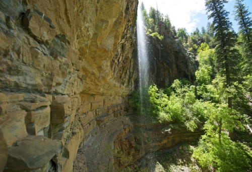 A waterfall cascades down a rocky cliff surrounded by lush green trees and vibrant foliage.