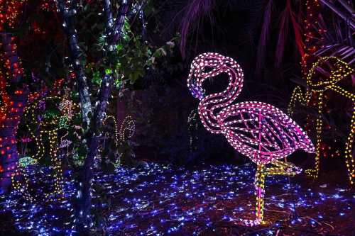 Colorful illuminated flamingos surrounded by vibrant lights in a dark, lush garden setting.