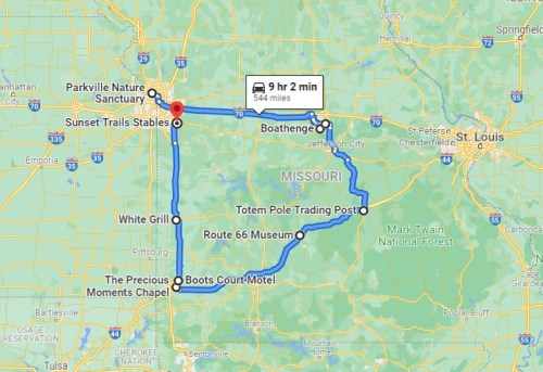 Map showing a route from Parkville Nature Sanctuary to various stops in Missouri, including stables and museums.