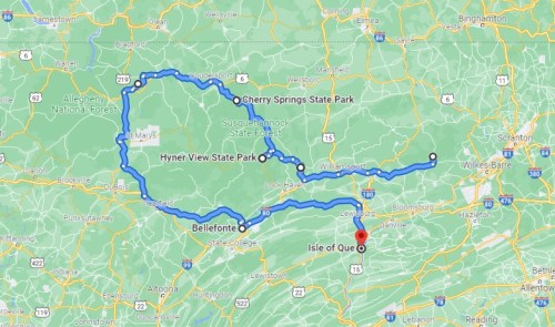 Map showing a route through Pennsylvania, highlighting parks like Cherry Springs and Hyner View State Park.