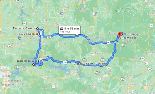 Map showing a road trip route through Missouri, highlighting attractions like Blue Spring, Rocky Falls, and Fantastic Caverns.