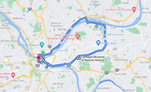 Map showing a route from Sharpsburg to the Carnegie Museum of Natural History in Pittsburgh, with key locations marked.