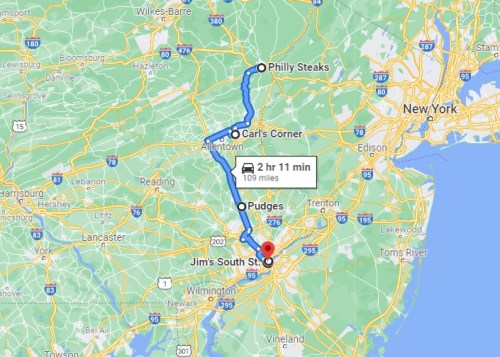Map showing a route from Jim's South St. to Philly Steaks, passing through Carl's Corner and Pudges, totaling 109 miles.