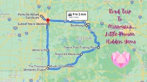 Map showing a road trip route in Missouri, highlighting attractions like Parkville Nature Sanctuary and Sunset Trails Stables.