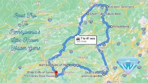 Map showing a road trip route through Pennsylvania's hidden gems, including landmarks like the White Cliffs of Conoy and more.