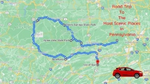 Map showing a road trip route to scenic places in Pennsylvania, marked with a red car icon and key locations highlighted.