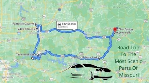 Map showing a scenic road trip route in Missouri, highlighting attractions like Blue Spring and Rocky Falls.