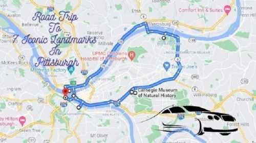 Map showing a road trip route to iconic landmarks in Pittsburgh, including the Carnegie Museum of Natural History.