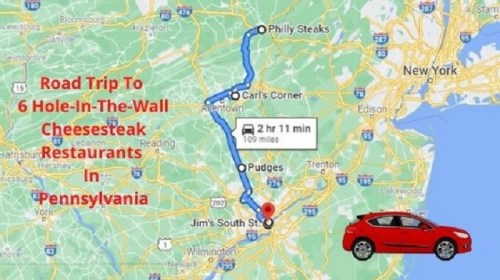 Map showing a road trip route to six cheesesteak restaurants in Pennsylvania, with a red car icon and travel time.