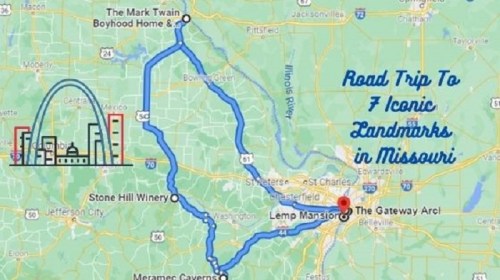 Map showing a road trip route to seven iconic landmarks in Missouri, including the Gateway Arch and Mark Twain Boyhood Home.
