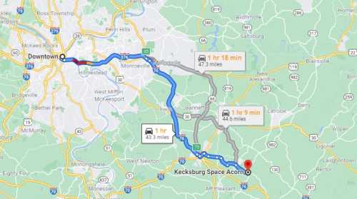 Map showing driving directions from Downtown to Kecksburg Space Acorn, with estimated travel times and distances.