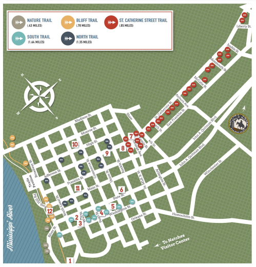 Map of trails and streets in a city, highlighting Nature, Bluff, St. Catherine Street, South, and North Trails.