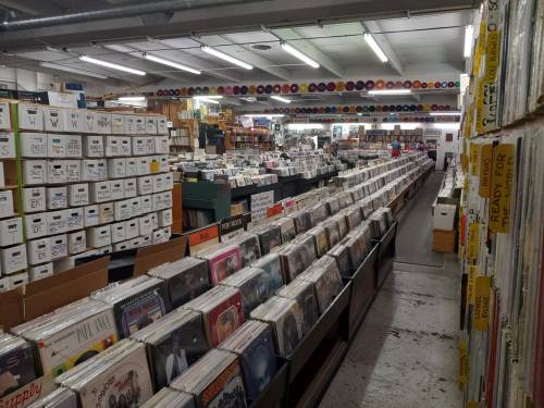 A spacious record store filled with rows of vinyl records and boxes, creating a vibrant and nostalgic atmosphere.