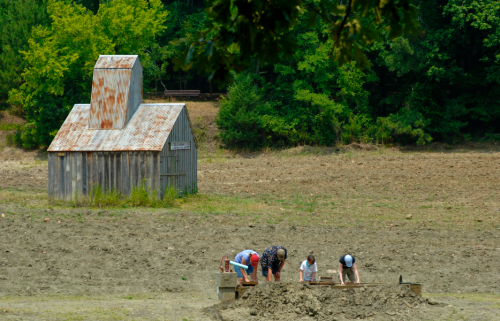 Four people work in a dry field near a rustic, weathered barn surrounded by trees.