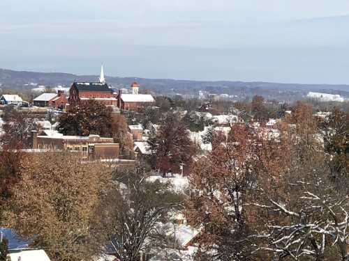 A snowy landscape with trees and buildings, featuring a church steeple in the background under a cloudy sky.