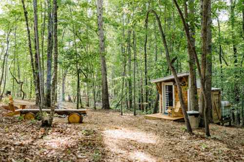 A cozy cabin nestled in a forest, surrounded by trees and a small seating area made of logs.