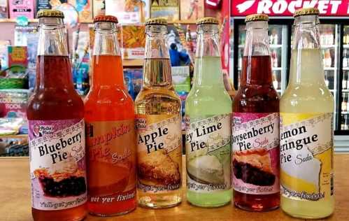 A variety of colorful pie-flavored sodas displayed on a counter, including blueberry, pumpkin, apple, key lime, and lemon meringue.