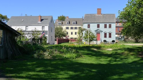 A sunny view of historic houses with gardens, featuring a blue house and a yellow house against a clear blue sky.