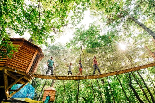 Children and adults walk across a netted bridge in a treehouse setting, surrounded by lush green trees and sunlight.