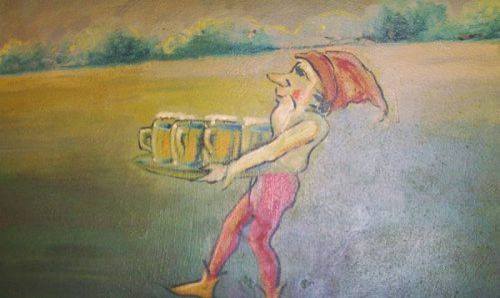 A whimsical gnome carrying a tray of beer mugs, wearing a red hat and pink pants, in a colorful outdoor setting.
