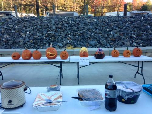 A row of creatively carved pumpkins on tables, with a backdrop of rocks and autumn trees. Food and drinks are nearby.