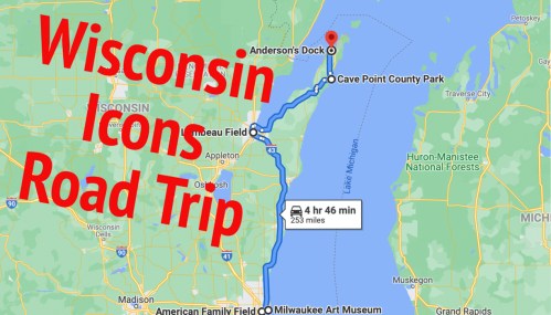 Map showing a route for a Wisconsin Icons road trip, highlighting stops at Anderson's Dock and Cave Point County Park.