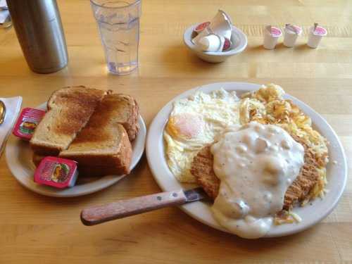 A plate with fried chicken smothered in gravy, a fried egg, hash browns, and toast with butter and jam on the side.