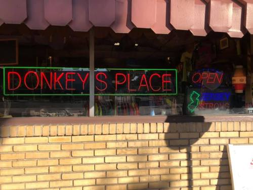Neon signs in a shop window read "DONKEY'S PLACE" and "OPEN," with colorful merchandise visible inside.