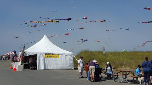 A kite festival scene with colorful kites flying above a tent and people enjoying the event near a grassy area.