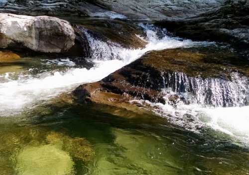 A serene stream flows over smooth rocks, creating gentle ripples and small waterfalls in a natural setting.