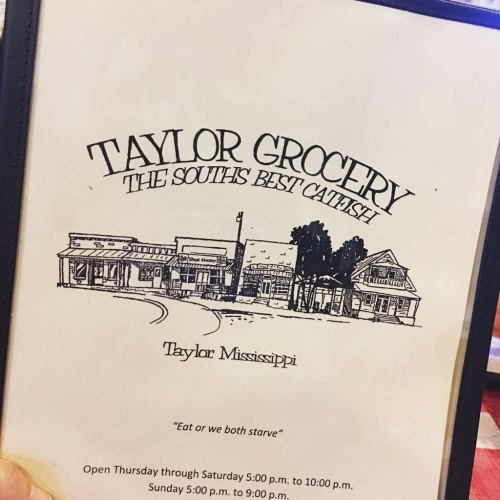 Menu cover for Taylor Grocery, featuring a drawing of the restaurant and the slogan "Eat or we both starve."