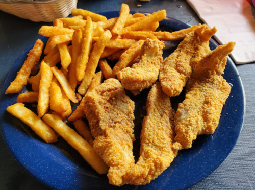 A blue plate filled with golden fried fish fillets and crispy French fries.
