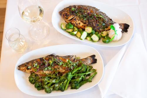 Two plates of grilled fish with sides of Brussels sprouts and broccolini, accompanied by a glass of white wine.