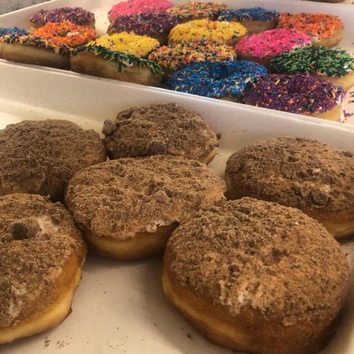 A tray of assorted donuts: some with colorful sprinkles and others coated in chocolate crumbs.