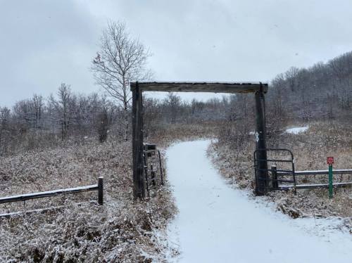 A snowy path leads through a wooden gate into a winter landscape with sparse trees and a cloudy sky.