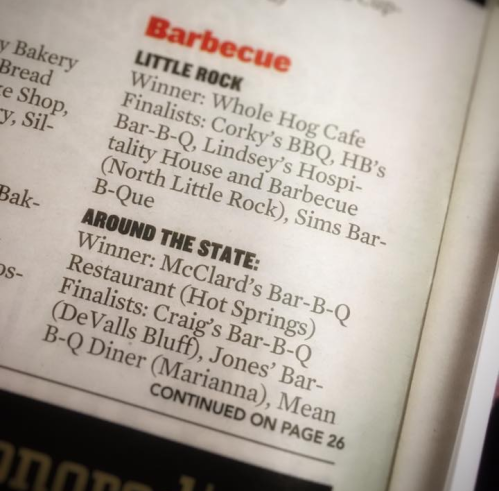 Text listing barbecue winners and finalists in Little Rock and around Arkansas, featured in a magazine article.