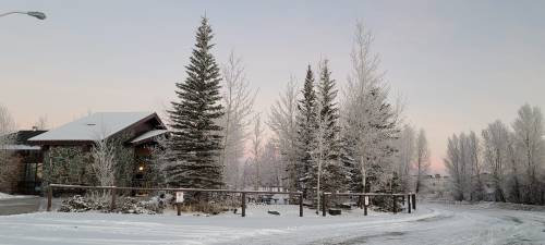 A snowy landscape featuring a cozy cabin surrounded by frosted trees at dawn.