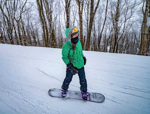 A person in a green sweater and mask snowboards down a snowy slope surrounded by bare trees.