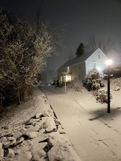 A snowy night scene featuring a house illuminated by warm light, surrounded by trees and a snow-covered path.