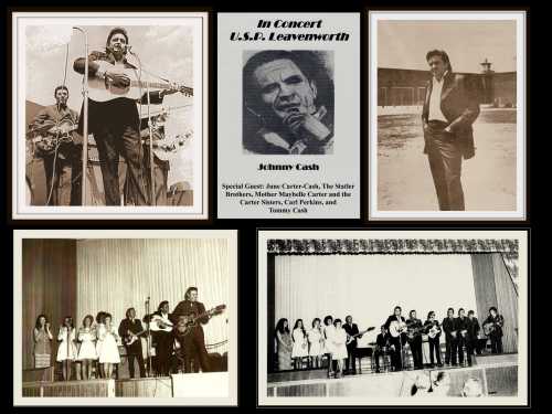 Collage of Johnny Cash concert photos, featuring performances and a poster with details about the event and special guests.