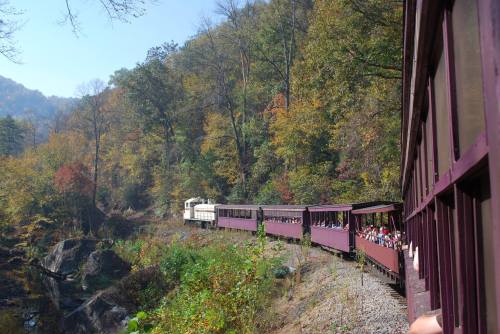 A scenic train travels along a winding track through colorful autumn foliage and rocky terrain.