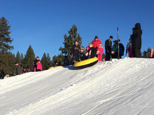 A group of people enjoying snow tubing on a sunny day, with trees in the background and a snowy slope.