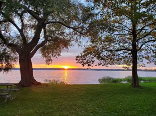 A serene lakeside scene at sunset, with two trees framing the view and vibrant colors reflecting on the water.