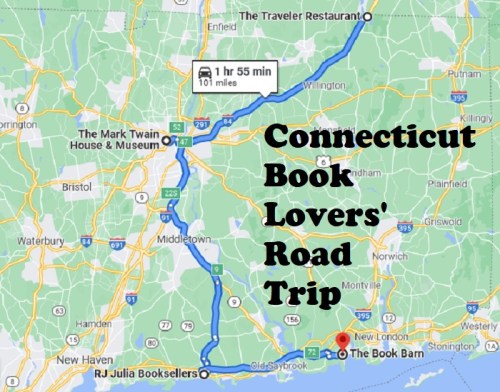 Map showing a route for a Connecticut book lovers' road trip, highlighting key stops like The Book Barn and RJ Julia Booksellers.