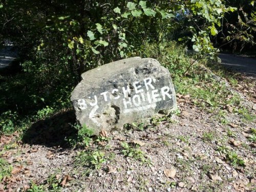 A large rock with the words "BUTCHER HOIER" painted on it, surrounded by greenery and gravel.
