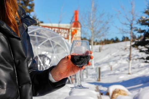 A person holds a glass of red wine in a snowy outdoor setting with a clear dome structure in the background.