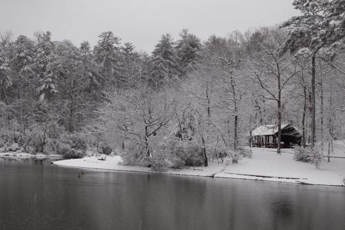 A serene winter scene with a snowy landscape, trees, and a cabin by a calm, frozen lake.